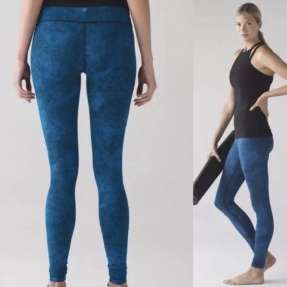 Lululemon Sz 4 Luon Spray Jacquard Shocking Blue Black Wunder Under Pant III MC6 - Picture 2 of 10